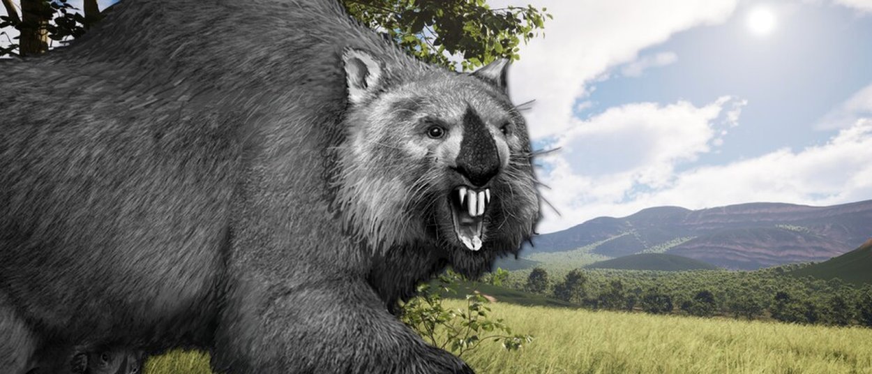 Ein großes graues, wombatähnliches Fantasytier mit kräftigem Körper, langem Fell und großen Schneidezähnen läuft durch eine sonnige Wiesenlandschaft; unter seinem Bauch ist ein Jungtier zu erkennen.