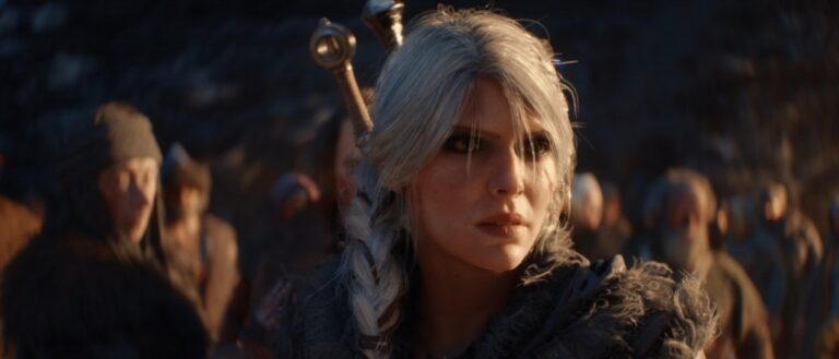 Ciri steht in dunkler Hexerrüstung vor mehreren Bewohnern eines mittelalterlichen Dorfes im offiziellen Material zu The Witcher IV.