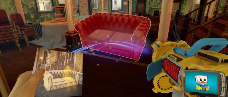 In einem heruntergekommenen Hotel wird ein rotes Sofa mit einem ungewöhnlichen gelben Elektrowerkzeug platziert; auf dessen Display ist die Cartoonfigur MacBrushy zu sehen.
