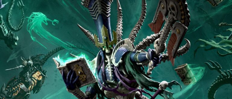 Nagash steht mit erhobener Waffe zwischen geisterhaften Untoten und schwer gepanzerten Kreaturen in grün leuchtender nekromantischer Energie.