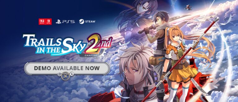 Estelle Bright steht mit ihrem Kampfstab vor Joshua und weiteren Figuren auf dem offiziellen Demomotiv zu Trails in the Sky 2nd Chapter.