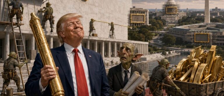 Vor einem monumentalen amerikanischen Kulturgebäude befestigen Goblin-Handwerker riesige goldene Buchstaben an der Fassade, während ein selbstzufriedener Trump die Arbeiten überwacht.