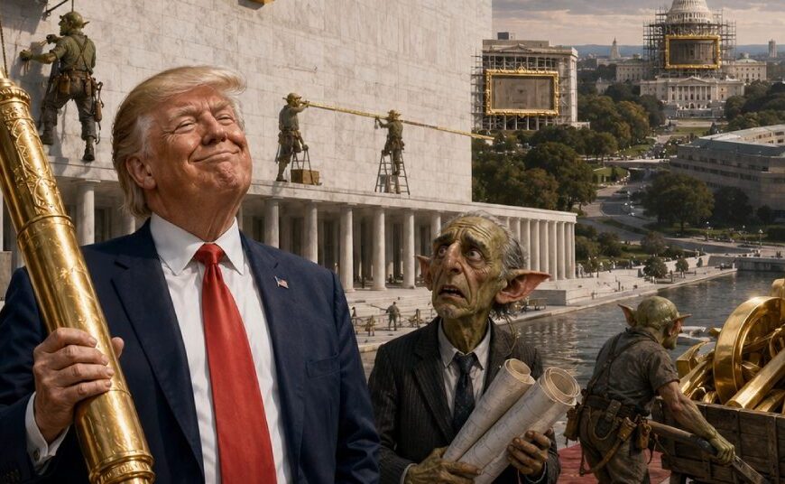 Vor einem monumentalen amerikanischen Kulturgebäude befestigen Goblin-Handwerker riesige goldene Buchstaben an der Fassade, während ein selbstzufriedener Trump die Arbeiten überwacht.