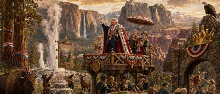 Ein pompös inszenierter Herrscher im patriotischen Umhang präsentiert sich auf einer hölzernen Aussichtsbühne in einer Landschaft aus Geysiren, Wasserfällen, Redwoods und Canyonfelsen. Während ausländische Besucher am Parktor Goldmünzen zahlen, arbeiten erschöpfte Ranger im Vordergrund, ein Bison mit Zylinder und ein Grizzly beobachten das Spektakel.