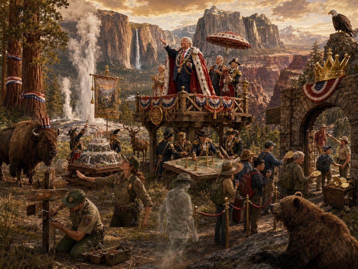 Ein pompös inszenierter Herrscher im patriotischen Umhang präsentiert sich auf einer hölzernen Aussichtsbühne in einer Landschaft aus Geysiren, Wasserfällen, Redwoods und Canyonfelsen. Während ausländische Besucher am Parktor Goldmünzen zahlen, arbeiten erschöpfte Ranger im Vordergrund, ein Bison mit Zylinder und ein Grizzly beobachten das Spektakel.