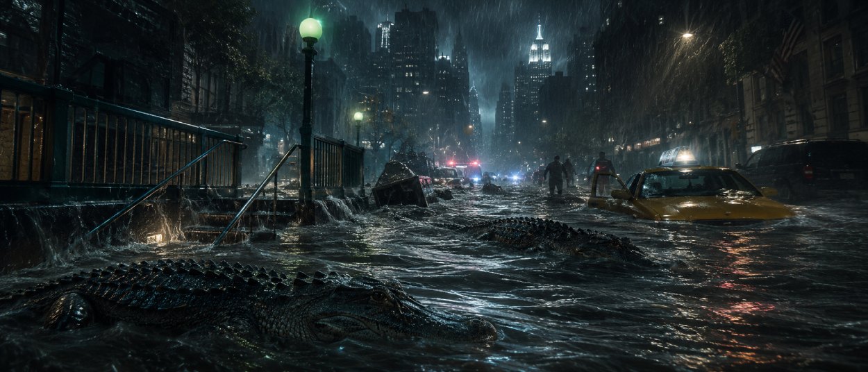Eine überflutete Großstadtstraße bei Nacht im Starkregen. Mehrere Alligatoren schwimmen durch das Wasser zwischen Taxis, Menschen und Polizeilichtern, während im Hintergrund die Hochhäuser einer amerikanischen Metropole aufragen.