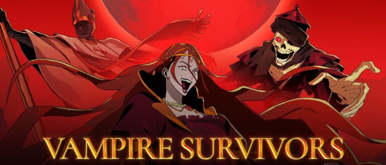 Malice Bloodmoon steht mit mehreren finsteren Gestalten vor einem riesigen roten Mond auf dem offiziellen Artwork zu Vampire Survivors: Legacy of the Bloodmoon.
