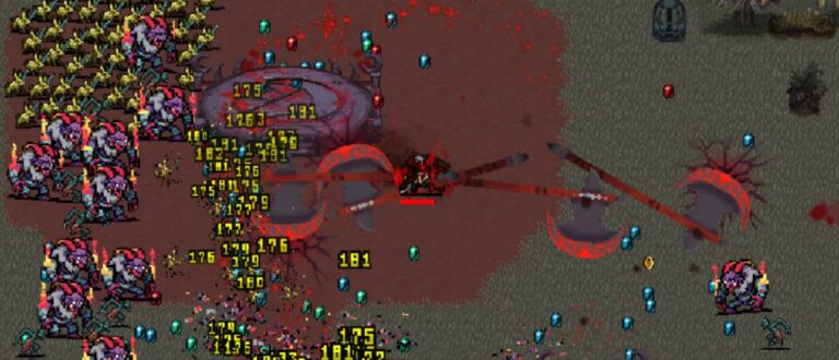 Gameplay aus Vampire Survivors: Legacy of the Bloodmoon mit einer Spielfigur zwischen großen Gegnergruppen, roten Klingenangriffen, Schadenszahlen und eingesammelten Edelsteinen.