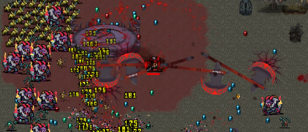 Gameplay aus Vampire Survivors: Legacy of the Bloodmoon mit einer Spielfigur zwischen großen Gegnergruppen, roten Klingenangriffen, Schadenszahlen und eingesammelten Edelsteinen.