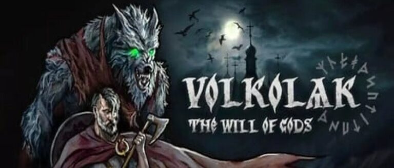 Ein grauhaariger Werwolf mit grün leuchtenden Augen steht hinter einem bewaffneten Krieger vor einer düsteren mondbeschienenen Landschaft im Motiv zu Volkolak: The Will of Gods.