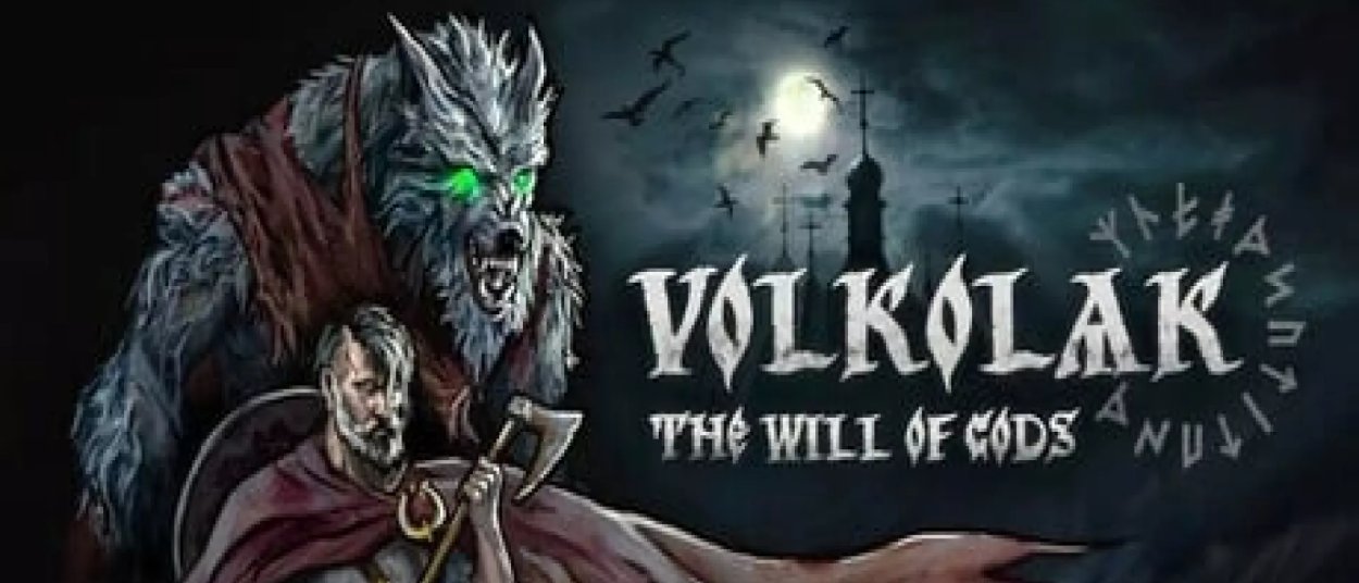 Ein grauhaariger Werwolf mit grün leuchtenden Augen steht hinter einem bewaffneten Krieger vor einer düsteren mondbeschienenen Landschaft im Motiv zu Volkolak: The Will of Gods.