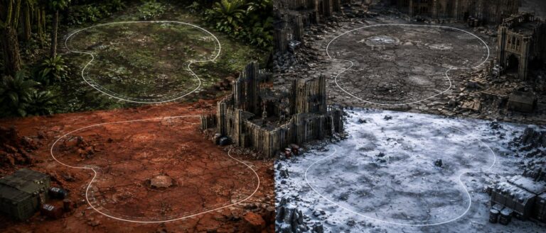 Eine gotische Science-Fiction-Ruine steht im Zentrum eines Tabletop-Spielfelds. Um sie herum liegen vier Geländegrundflächen mit Dschungelboden, grauem Stadtschutt, roter Wüstenerde und Schnee.