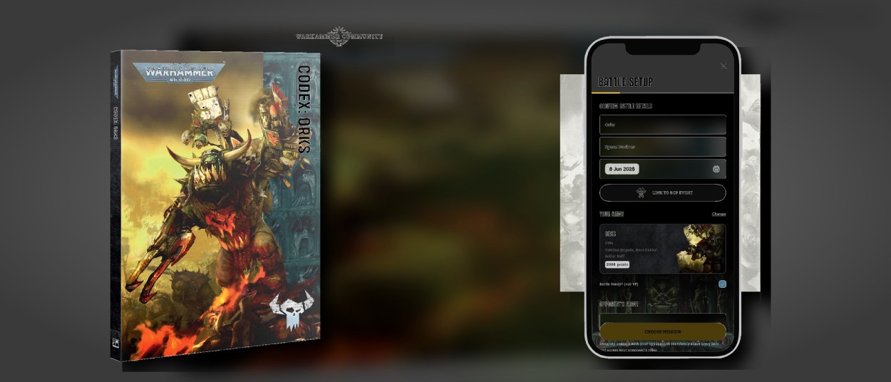 Der neue Codex: Orks steht neben einer Smartphone-Ansicht der Warhammer-40.000-App vor einem dunkel vergrößerten Ork-Artwork.