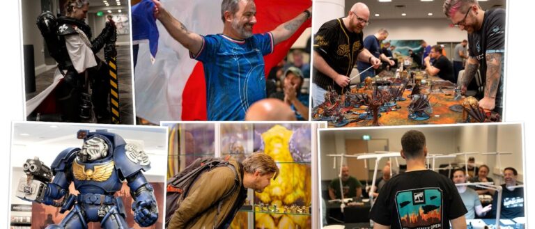 Mehrere Fotos zeigen Besucher eines Warhammer-Events, darunter Spieler an einem Tisch mit bemalten Miniaturen, einen Cosplayer in Rüstung und eine große Space-Marine-Figur.