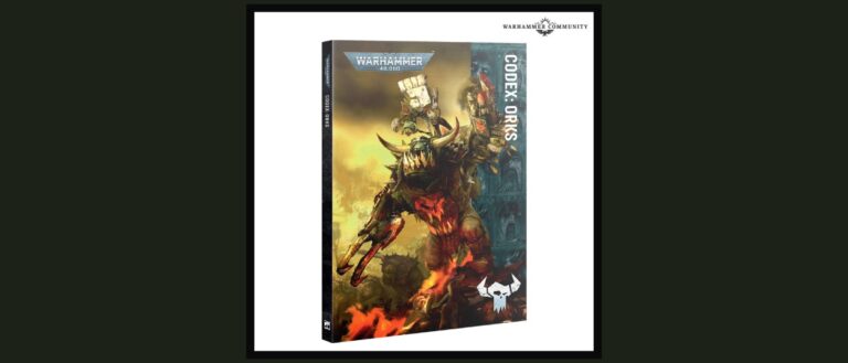 Der neue Codex Orks von Warhammer 40.000 zeigt einen schwer bewaffneten Ork vor einem gelb-roten Schlachtfeld.