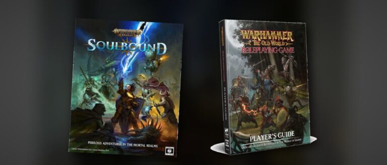Zwei Warhammer-Rollenspielbücher stehen nebeneinander: links das blau leuchtende Soulbound-Grundregelwerk mit kämpfenden Fantasyfiguren, rechts der Player’s Guide von The Old World mit einer düsteren Gefechtsszene.