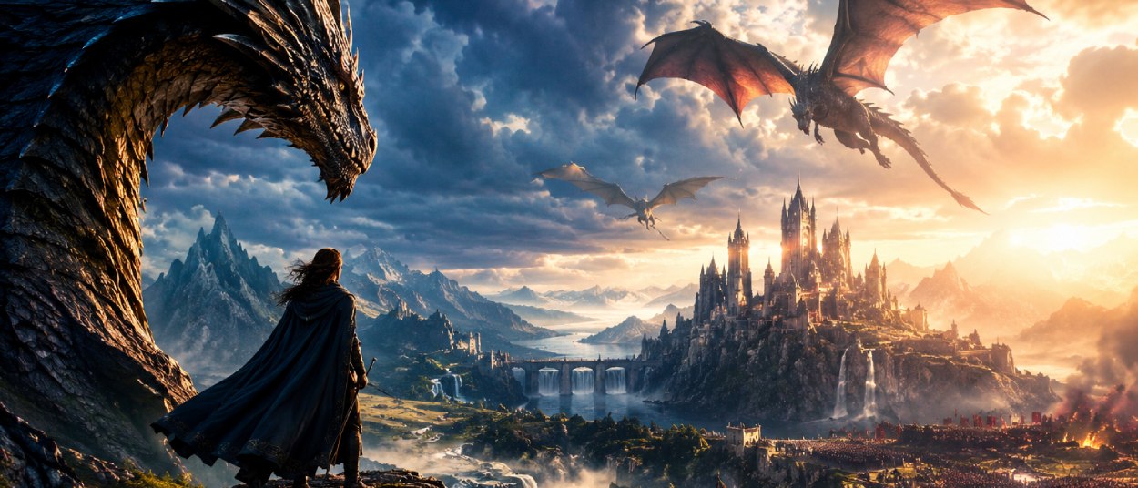 Ein gewaltiger Drakon und eine verhüllte Gestalt blicken von einem Felsvorsprung auf eine riesige Fantasy-Festung, über der weitere Drakons kreisen, während sich darunter Heere zum Krieg sammeln.