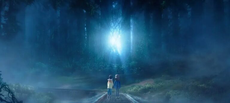Prue und Curtis gehen durch einen dicht bewachsenen, sonnendurchfluteten Wald, während links der weiße Filmtitel Wildwood steht.