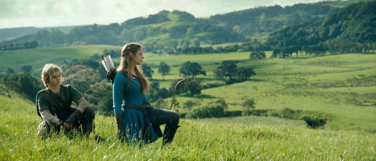 Link und Prinzessin Zelda sitzen beziehungsweise knien in einer weiten grünen Wiesenlandschaft. Link trägt eine dunkle grüne Tunika, Zelda ein blaues Gewand sowie Bogen und Köcher.