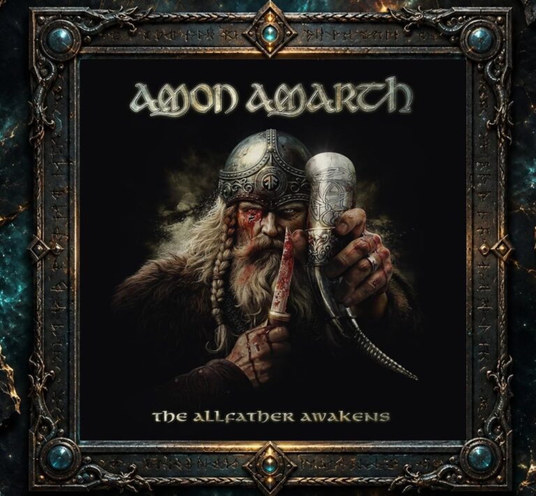 Albumcover von Amon Amarth – The Allfather Awakens: Odin blickt frontal aus schwarzem Hintergrund hervor. Er trägt einen verzierten Helm, sein rechtes Auge ist blutig verletzt. In einer Hand hält er ein reich dekoriertes Trinkhorn, in der anderen ein blutverschmiertes Messer. Über ihm steht das Bandlogo, darunter der Albumtitel.