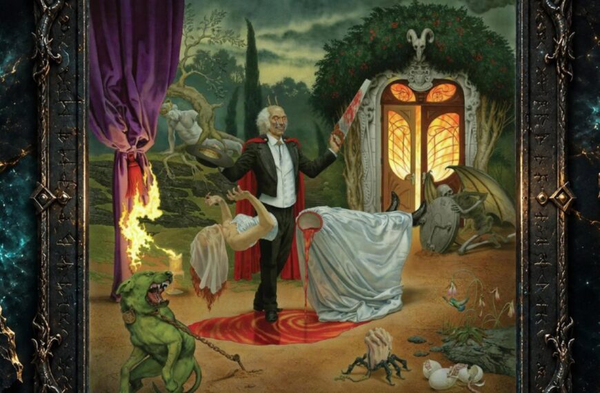Albumcover von Anthrax – Cursum Perficio: Surrealistische Horrorszene mit einem bleichen Magier im Frack und rotem Umhang, der eine blutige Säge hält. Vor ihm liegt eine weiß bedeckte Frau auf einem Tisch, Blut läuft auf den Boden. Rundherum stehen ein angeketteter grüner Hund, ein geflügeltes Skelett, groteske Figuren, eine brennende Theatergardine und eine orange leuchtende verzierte Tür in einer düsteren Gartenlandschaft.