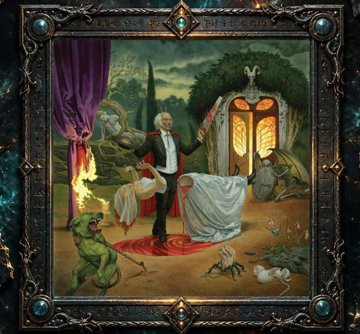 Albumcover von Anthrax – Cursum Perficio: Surrealistische Horrorszene mit einem bleichen Magier im Frack und rotem Umhang, der eine blutige Säge hält. Vor ihm liegt eine weiß bedeckte Frau auf einem Tisch, Blut läuft auf den Boden. Rundherum stehen ein angeketteter grüner Hund, ein geflügeltes Skelett, groteske Figuren, eine brennende Theatergardine und eine orange leuchtende verzierte Tür in einer düsteren Gartenlandschaft.