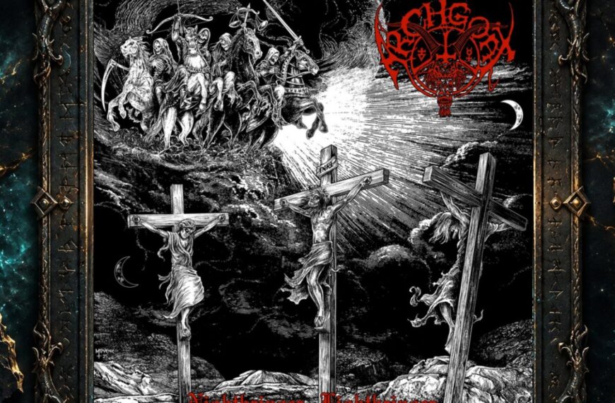 Albumcover von Archgoat – Nightbringer, Lightbringer: Detailreiches schwarzweißes apokalyptisches Motiv mit drei Kreuzigungen im Vordergrund. Darüber stürmen groteske Reiter, Skelette und dämonische Gestalten durch einen von starken Lichtstrahlen durchbrochenen Himmel. Oben rechts steht das rote Archgoat-Logo, unten der Albumtitel in roter gotischer Schrift.