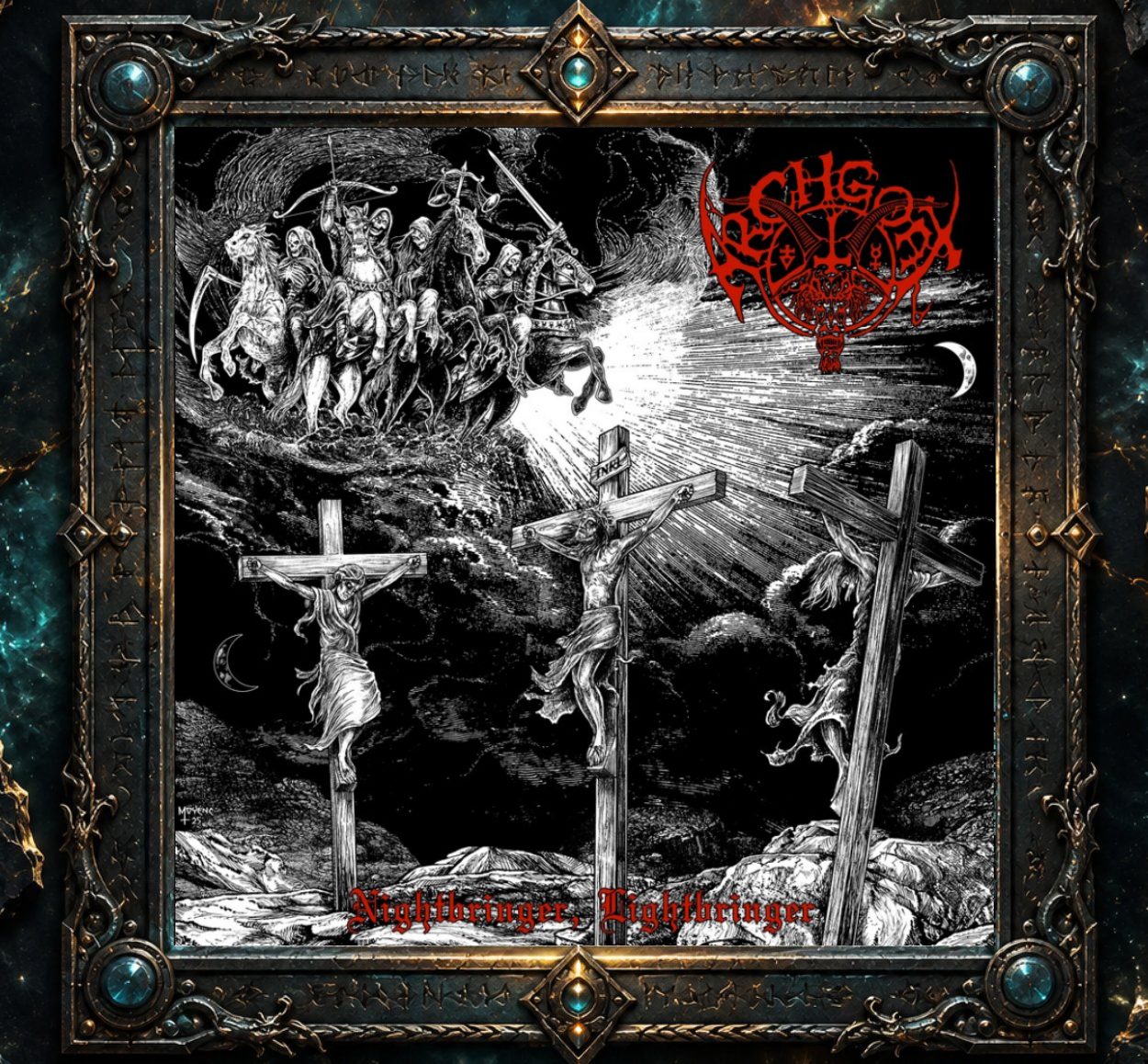 Albumcover von Archgoat – Nightbringer, Lightbringer: Detailreiches schwarzweißes apokalyptisches Motiv mit drei Kreuzigungen im Vordergrund. Darüber stürmen groteske Reiter, Skelette und dämonische Gestalten durch einen von starken Lichtstrahlen durchbrochenen Himmel. Oben rechts steht das rote Archgoat-Logo, unten der Albumtitel in roter gotischer Schrift.