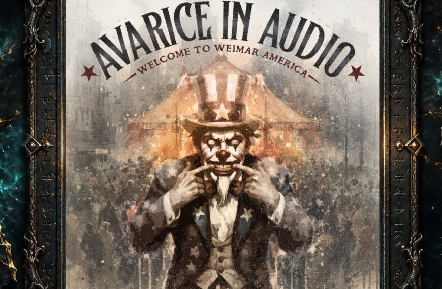 Albumcover von Avarice In Audio – Welcome To Weimar America: Eine groteske Uncle-Sam-Figur mit Clownsschminke zieht ihren Mund mit beiden Fingern zu einem breiten Grinsen. Im Hintergrund steht ein beleuchtetes Zirkuszelt vor einer grauen, verschwommenen Stadt- und Menschenkulisse. Das Bild wirkt wie eine gealterte politische Propagandagrafik in Beige-, Grau-, Rot- und Brauntönen.