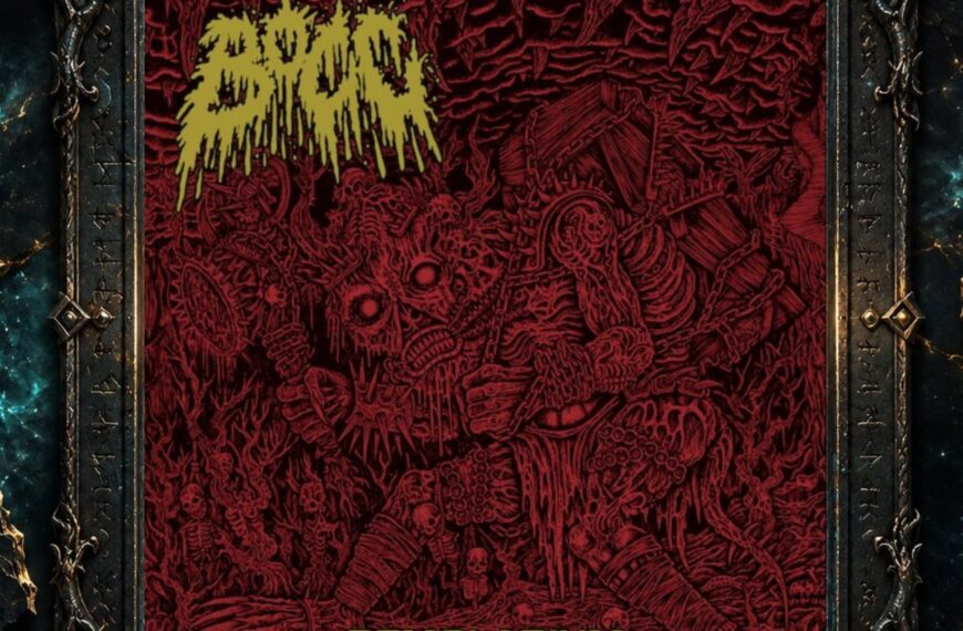 Albumcover von BOCC – Demolarium: Rot-schwarze, extrem detailreiche Höllenszene mit einer großen monströsen Gestalt im Zentrum, umgeben von Körpern, Knochen und organischen Strukturen. Oben links steht das gelbgrüne BOCC-Logo, unten der Albumtitel Demolarium.