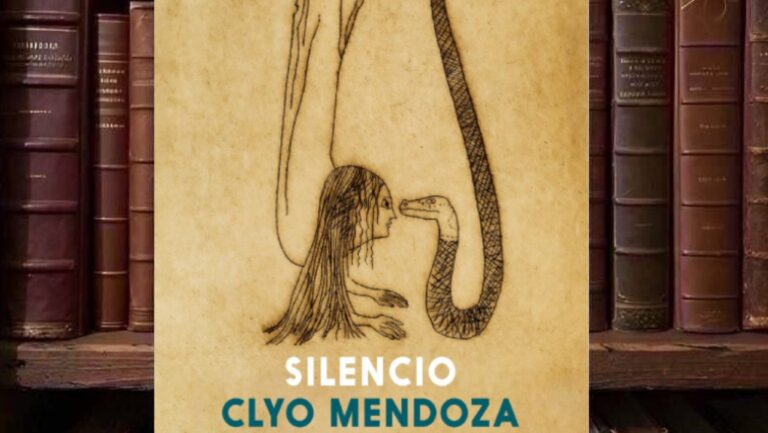 Cover von Clyo Mendozas Silencio auf beigefarbenem, papierartig strukturiertem Hintergrund mit einer feinen schwarzen Zeichnung einer kopfüber dargestellten Frau, deren langes Haar bis zu einer großen Schlange reicht; darunter stehen Titel, Autorinnenname und Übersetzerin in Weiß und Petrol.