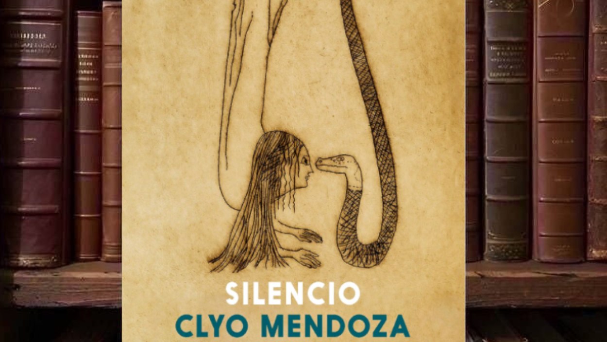 Cover von Clyo Mendozas Silencio auf beigefarbenem, papierartig strukturiertem Hintergrund mit einer feinen schwarzen Zeichnung einer kopfüber dargestellten Frau, deren langes Haar bis zu einer großen Schlange reicht; darunter stehen Titel, Autorinnenname und Übersetzerin in Weiß und Petrol.