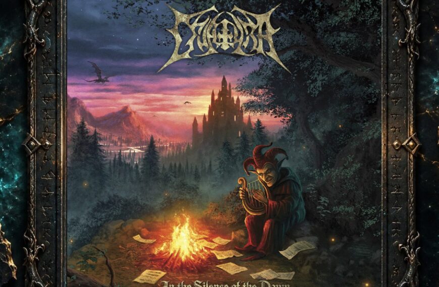 Albumcover von Criatura – In the Silence of the Dawn: Ein Hofnarr sitzt nachts mit einer kleinen Harfe an einem Lagerfeuer im Wald, umgeben von beschriebenen Blättern. Im Hintergrund erhebt sich ein dunkles Schloss vor Bergen und glühendem Himmel, während ein Drache durch die Ferne fliegt.