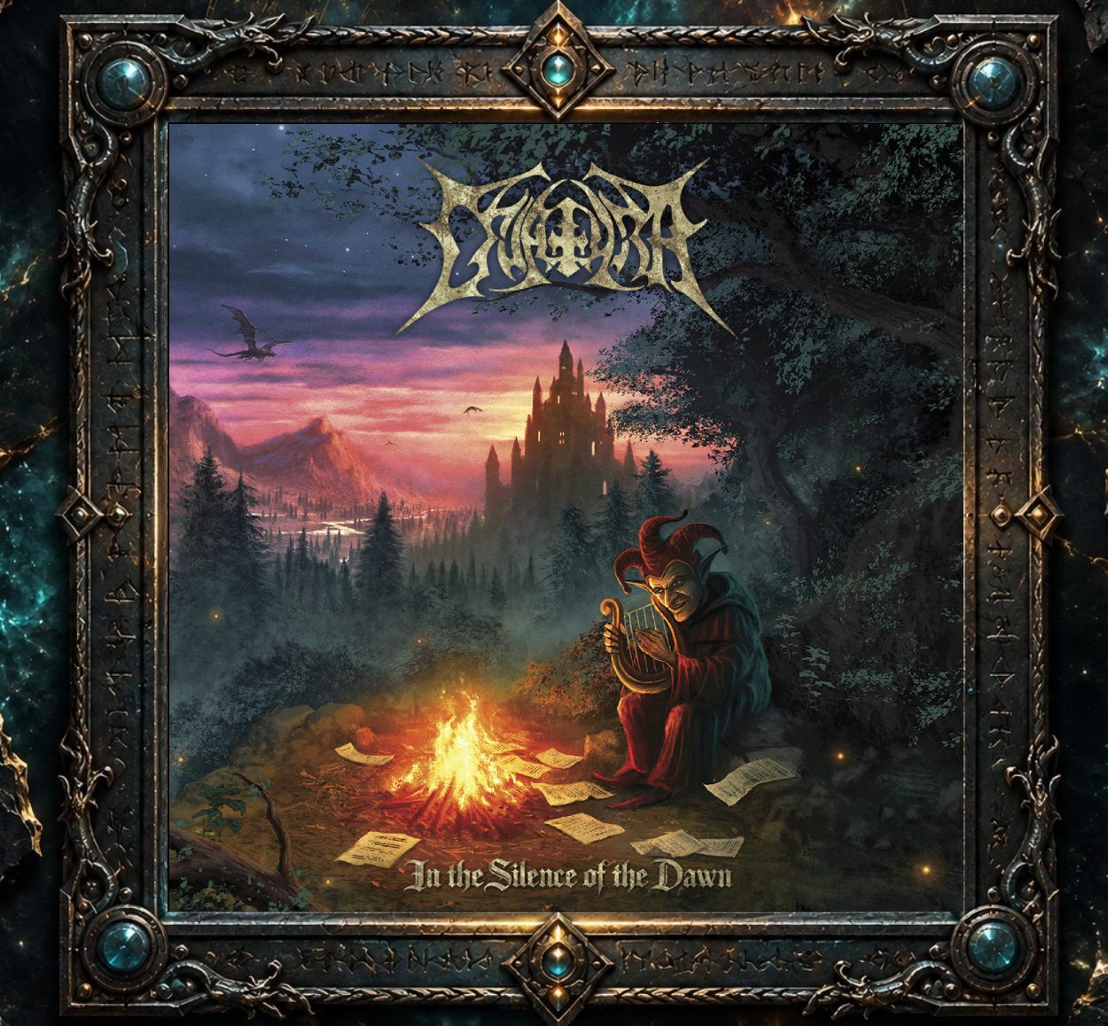 Albumcover von Criatura – In the Silence of the Dawn: Ein Hofnarr sitzt nachts mit einer kleinen Harfe an einem Lagerfeuer im Wald, umgeben von beschriebenen Blättern. Im Hintergrund erhebt sich ein dunkles Schloss vor Bergen und glühendem Himmel, während ein Drache durch die Ferne fliegt.