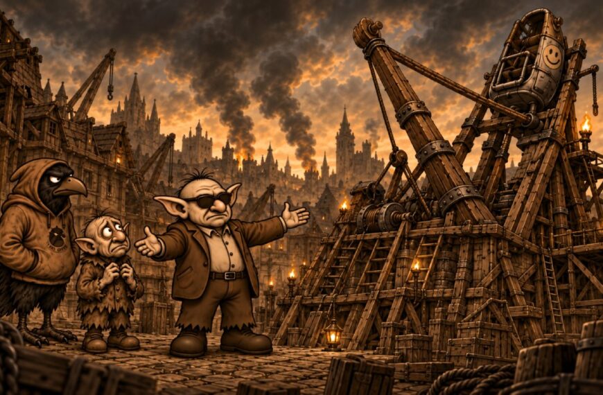 Crowbah-Comic in sepiafarbener Grundstimmung mit Farbakzenten: Crowbah und Grabhold stehen mit Bork von Speckstein vor einer riesigen, abenteuerlichen Weltraum-Maschine von Speckstein X.