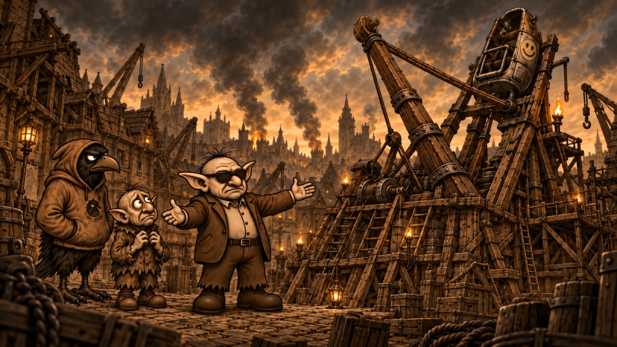 Crowbah-Comic in sepiafarbener Grundstimmung mit Farbakzenten: Crowbah und Grabhold stehen mit Bork von Speckstein vor einer riesigen, abenteuerlichen Weltraum-Maschine von Speckstein X.