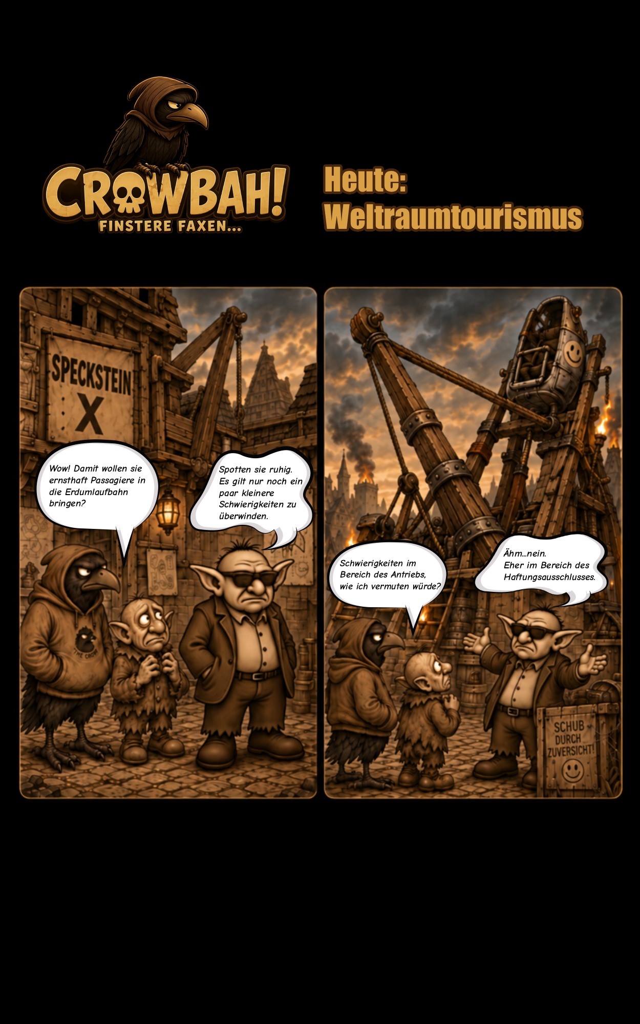 Zweiteiliger Crowbah-Comic in sepiafarbener Grundstimmung mit Farbakzenten: Crowbah und Grabhold stehen mit Bork von Speckstein vor einer riesigen, abenteuerlichen Weltraum-Maschine von Speckstein X. Bork präsentiert das Projekt als Weltraumtourismus, während Crowbah Zweifel anmeldet und Bork die Probleme als Frage des Haftungsausschusses abtut.