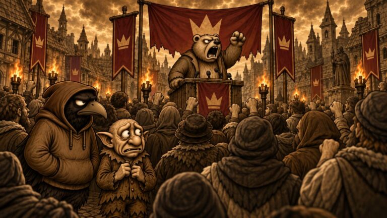 Zweiteiliger Crowbah-Comic in sepiafarbener Grundstimmung mit roten Farbakzenten: Crowbah, eine Krähe, und Grabhold, ein Grabkobold, beobachten eine Wahlkampfveranstaltung der AWWF.