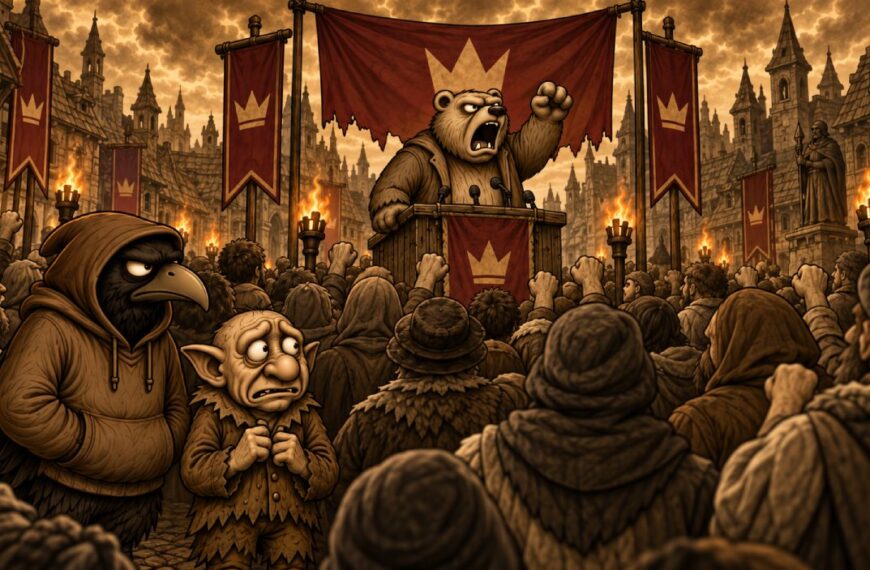 Zweiteiliger Crowbah-Comic in sepiafarbener Grundstimmung mit roten Farbakzenten: Crowbah, eine Krähe, und Grabhold, ein Grabkobold, beobachten eine Wahlkampfveranstaltung der AWWF.