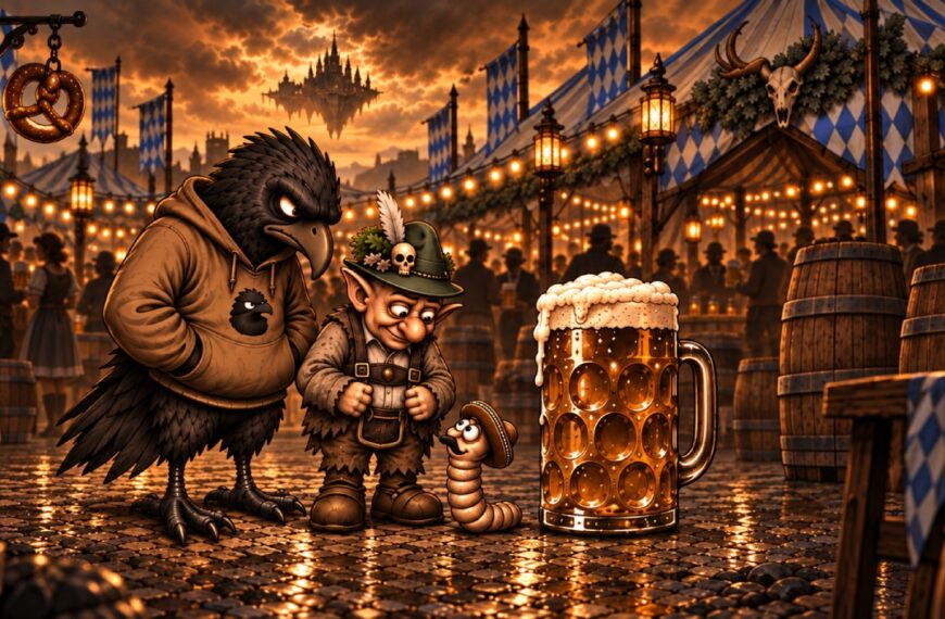 Crowbah-Comic in sepiafarbener Grundstimmung mit farbigen Oktoberfest-Akzenten: Crowbah steht mit Pedro neben einem riesigen Maßkrug.