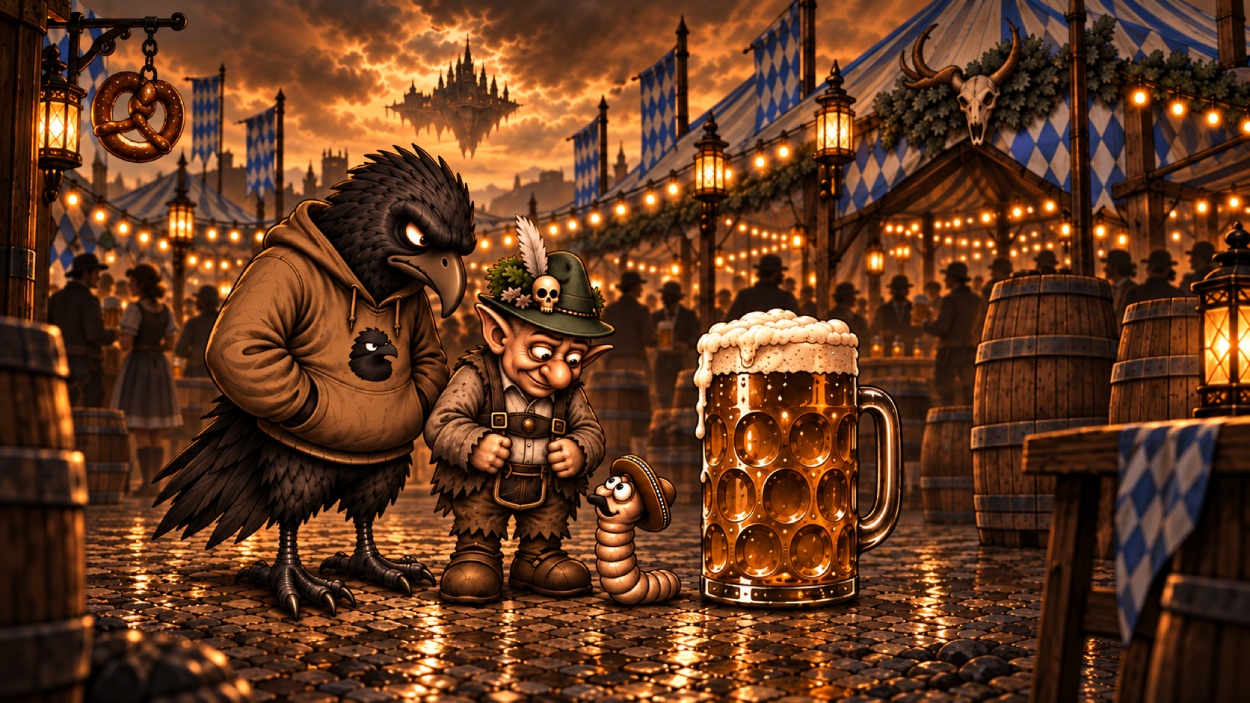 Crowbah-Comic in sepiafarbener Grundstimmung mit farbigen Oktoberfest-Akzenten: Crowbah steht mit Pedro neben einem riesigen Maßkrug.