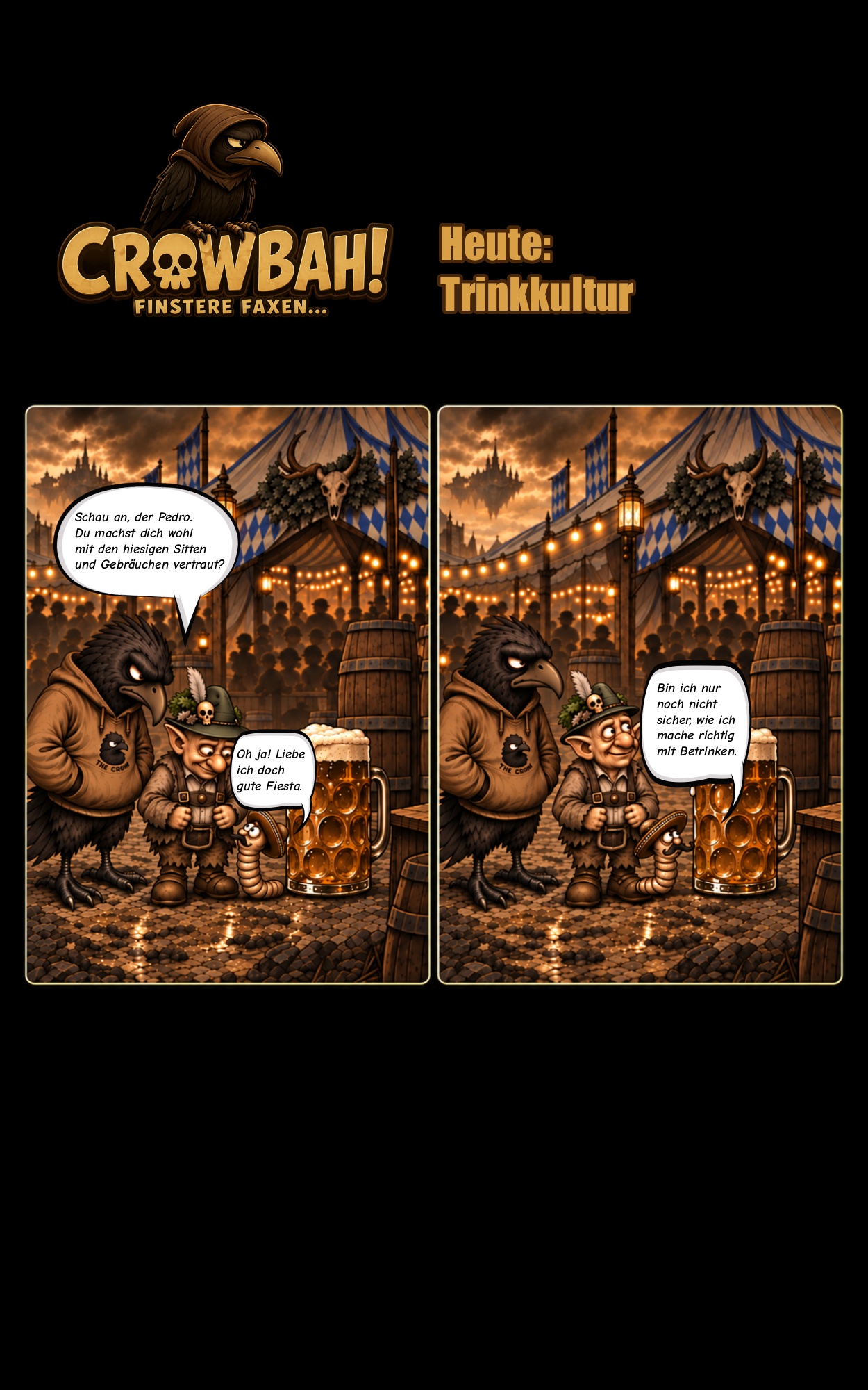 Zweiteiliger Crowbah-Comic in sepiafarbener Grundstimmung mit roten Farbakzenten: Crowbah, eine Krähe, und Grabhold, ein Grabkobold, beobachten eine Wahlkampfveranstaltung der AWWF „Alles wird wie früher“, bei der der Kugelschreibär auf der Bühne Krähen und Grabkobolde zu Schuldigen erklärt.