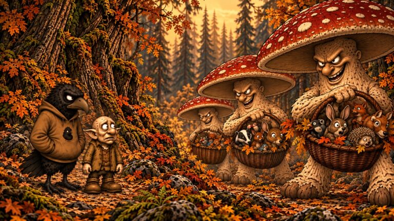 Zweiteiliger Crowbah-Comic in herbstlicher Sepiaoptik mit Farbakzenten: Crowbah und Grabhold treffen im Wald auf riesige Pilzwesen, die statt Pilzen kleine Waldtiere in ihren Körben sammeln.