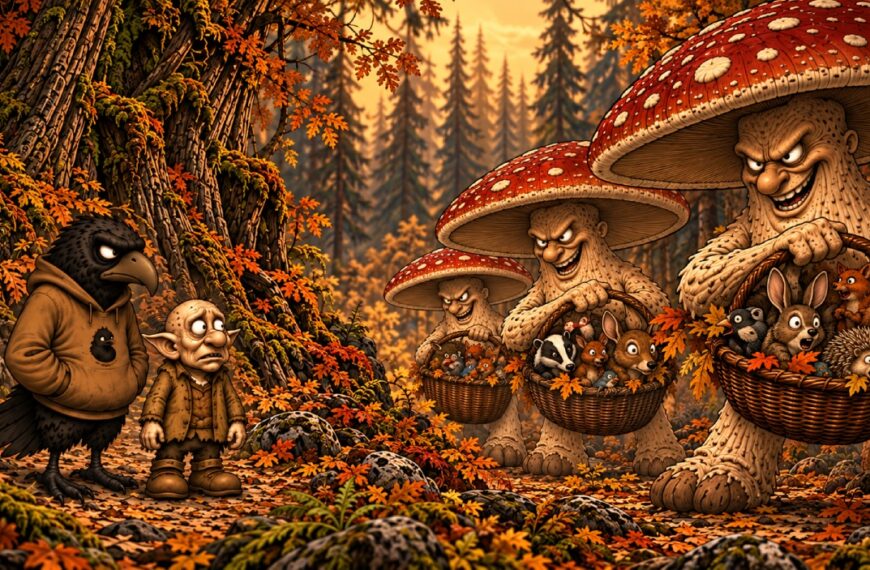 Zweiteiliger Crowbah-Comic in herbstlicher Sepiaoptik mit Farbakzenten: Crowbah und Grabhold treffen im Wald auf riesige Pilzwesen, die statt Pilzen kleine Waldtiere in ihren Körben sammeln.