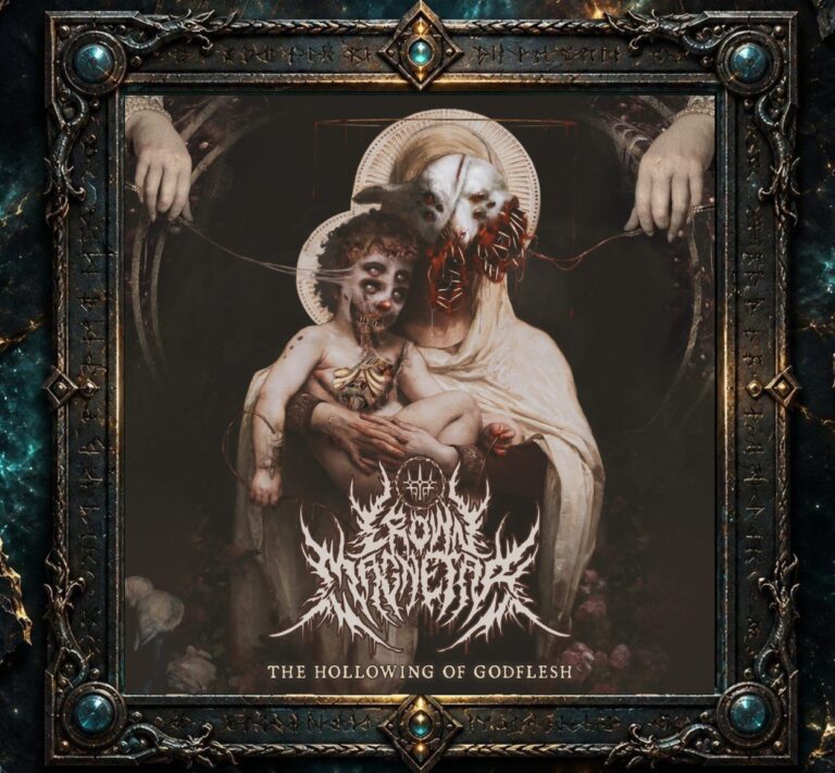 Albumcover von Crown Magnetar zu The Hollowing of Godflesh: Eine grotesk verfremdete sakrale Mutter-Kind-Darstellung mit verstörenden Gesichtern, blutigen Details und dunklem Hintergrund. Unten stehen Bandlogo und Albumtitel.