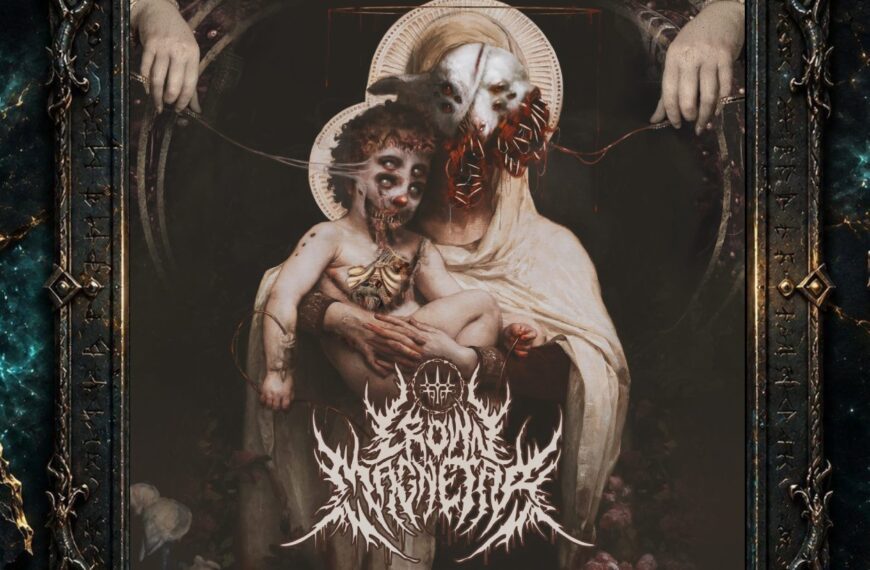 Albumcover von Crown Magnetar zu The Hollowing of Godflesh: Eine grotesk verfremdete sakrale Mutter-Kind-Darstellung mit verstörenden Gesichtern, blutigen Details und dunklem Hintergrund. Unten stehen Bandlogo und Albumtitel.