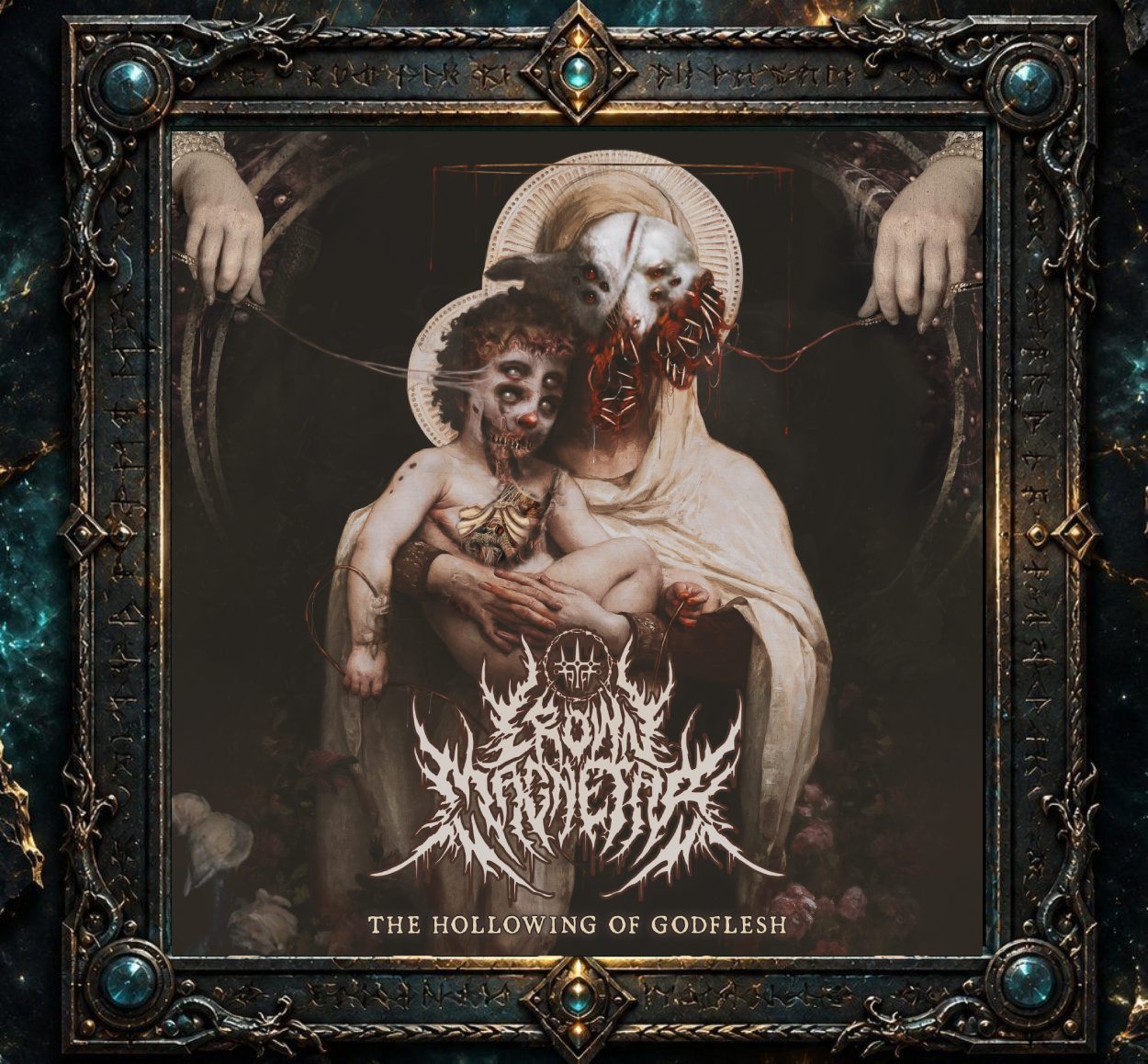 Albumcover von Crown Magnetar zu The Hollowing of Godflesh: Eine grotesk verfremdete sakrale Mutter-Kind-Darstellung mit verstörenden Gesichtern, blutigen Details und dunklem Hintergrund. Unten stehen Bandlogo und Albumtitel.
