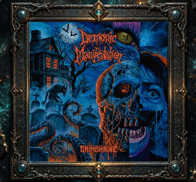 Albumcover von Demonic Manifestation – Grimshrine: Farbenprächtige Old-School-Horrorszene in Blau-, Violett- und Orangetönen. Links stehen ein düsteres Haus, kahle Bäume und Grabsteine unter einem Vollmond, davor lauert ein gehörntes Wesen. Im Zentrum dominiert ein verwesender Schädel mit glühendem Auge zwischen schlangenartigen Kreaturen. Rechts sind das erschrockene Gesicht einer Frau, ein reptilienartiges Auge, ein monströser Mund, Blitze und Spinnweben zu sehen.