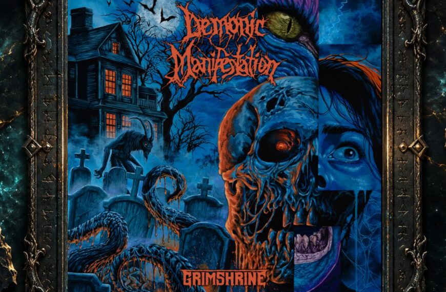 Albumcover von Demonic Manifestation – Grimshrine: Farbenprächtige Old-School-Horrorszene in Blau-, Violett- und Orangetönen. Links stehen ein düsteres Haus, kahle Bäume und Grabsteine unter einem Vollmond, davor lauert ein gehörntes Wesen. Im Zentrum dominiert ein verwesender Schädel mit glühendem Auge zwischen schlangenartigen Kreaturen. Rechts sind das erschrockene Gesicht einer Frau, ein reptilienartiges Auge, ein monströser Mund, Blitze und Spinnweben zu sehen.
