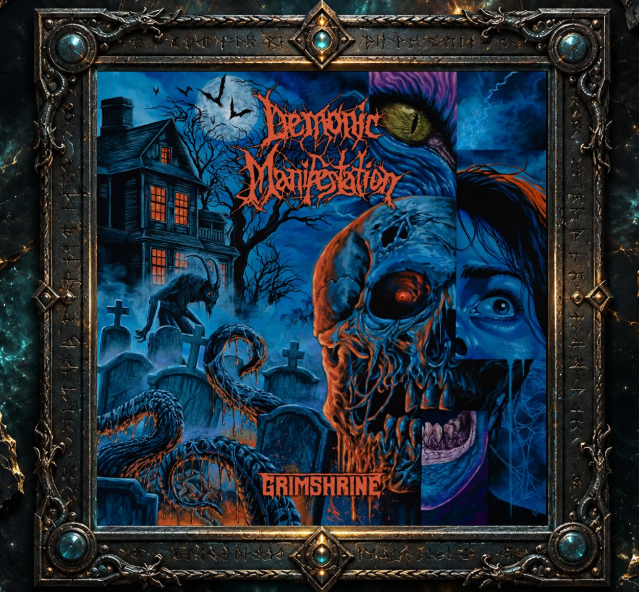 Albumcover von Demonic Manifestation – Grimshrine: Farbenprächtige Old-School-Horrorszene in Blau-, Violett- und Orangetönen. Links stehen ein düsteres Haus, kahle Bäume und Grabsteine unter einem Vollmond, davor lauert ein gehörntes Wesen. Im Zentrum dominiert ein verwesender Schädel mit glühendem Auge zwischen schlangenartigen Kreaturen. Rechts sind das erschrockene Gesicht einer Frau, ein reptilienartiges Auge, ein monströser Mund, Blitze und Spinnweben zu sehen.